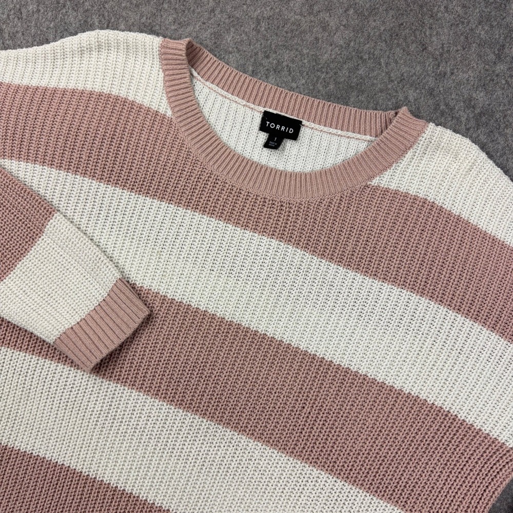 Torrid Sweater Womens 1X Pink White Striped Crew Neck Drop Shoulder Knit Casual